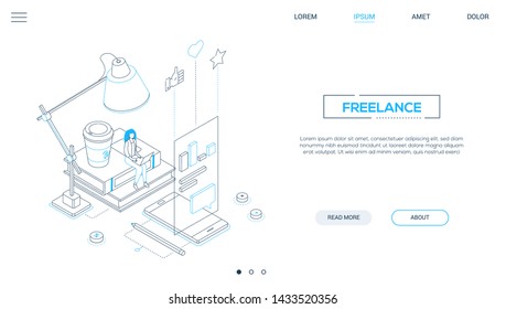 Freelance worker - line design style isometric web banner on white background with copy space for text. A header with a woman working, studying at laptop, images of smartphone, coffee cup, lamp, books