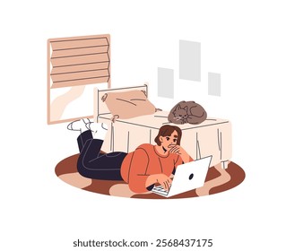 Freelance worker lying on floor in bedroom with computer, typing. Freelancer with laptop remote works at home. Student is at online distance education. Flat isolated vector illustration on white