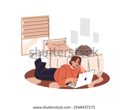 Freelance worker lying on floor in bedroom with computer, typing. Freelancer with laptop remote works at home. Student is at online distance education. Flat isolated vector illustration on white