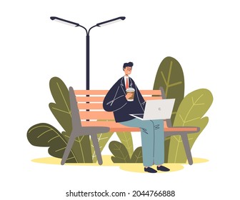 Freelance worker man sit with laptop and coffee on bench working remotely using wireless internet or wifi connection in park. Remote freelancer with computer outdoors. Cartoon flat vector illustration