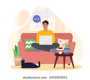 Freelance worker man. Young guy with laptop makes money on Internet. Remote worker and freelancer work from home. Person with online earnings. Flat vector illustration isolated on white background