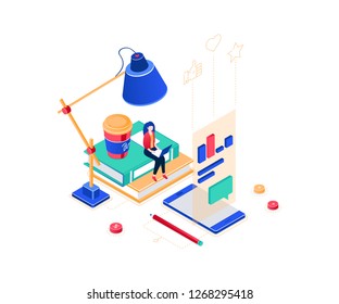 Freelance worker - modern colorful isometric vector illustration on white background. High quality composition with a woman working, studying at laptop, images of smartphone, coffee cup, lamp, books
