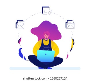 Freelance worker - modern flat design style illustration on white background. A young female employee working with a laptop, writing emails, having deadline. Perfect for your website and mobile apps