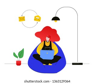 Freelance worker - modern flat design style illustration on white background. Bright composition with a young female employee sitting in a bean bag, working with a laptop at home, writing emails