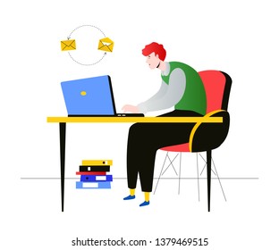Freelance worker - modern flat design style illustration on white background. A cute young male employee working at the desk with a laptop, writing emails. Perfect for your website and mobile apps