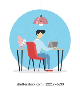 Freelance worker sitting at the computer and working at home. Happy man designer or programmer. Remote employee concept. Isolated flat vector illustration