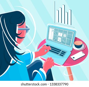 Freelance worker sitting with a cup of coffee in front of the laptop doing market analysis. Illustration view from aside. Vector illustration-Vector file