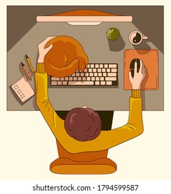 Freelance worker sitting at his workpalce with cat on keybord. Top view concept