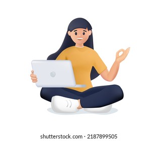 Freelance worker, studying remotly, online education. 3D young woman sitting with laptop. 3d vector people character illustration. Work at home. Cartoon, Typing On Computer, Online career, developer