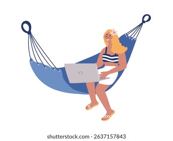 Freelance worker  women on freelance occupation with noutbook   on  lying in hammock. Remote business and self-employment. flat vector illustration on a white background 