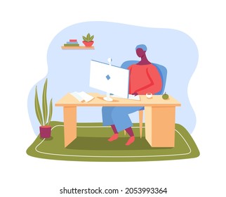 Freelance worker work from home, remotely job. Vector freelance worker at workplace, remote online employee, character sitting at work on distance illustration