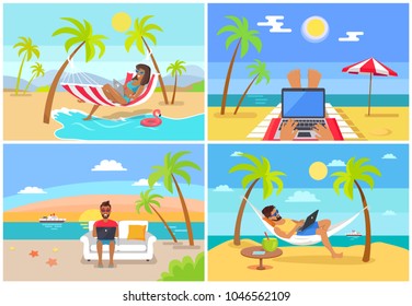 Freelance workers at beach near sea with laptops set. Freelancers work at sea shore in tropics on sand under tall palms cartoon vector illustrations.
