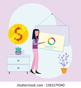 Freelance workers with a chart, checking income. Tables, flowers, paintings and small cabinets. Success in doing business and experiencing economic growth. Vector flat illustration 
