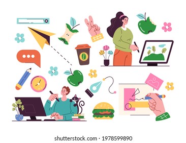 Freelance workers with design element collection isolated on white background set. Vector graphic design cartoon modern style illustration
