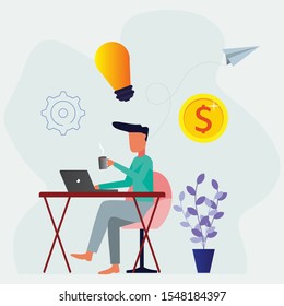 Freelance workers with a laptop, work hard with enthusiasm accompanied by a cup of warm chocolate in the form of illustration