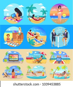 Freelance workers with laptops on exotic beaches set. Freelancers work in hot tropical countries under tall palms cartoon vector illustrations set.
