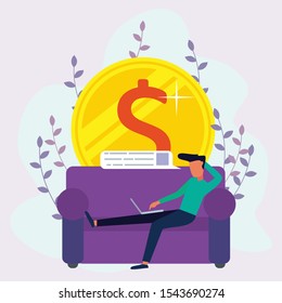 Freelance workers lean back in their chairs with a laptop. Relax while doing business. Always happy, enjoying life and success. Vector flat illustration 