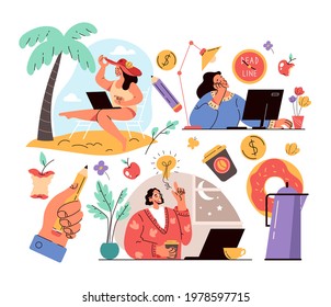 Freelance workers people characters working independence freedom flexible. Freelancers workplace design elemets concept. Vector flat cartoon modern style graphic illustration