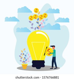 Freelance workers pick up a coin with a large background as in the back. Success in doing business and experiencing business growth.