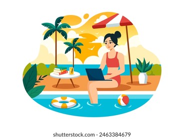 Freelance Workers Relaxing by the Swimming Pool Vector Illustration with Drinking Cocktails and Using Laptops in a Flat Cartoon Style Background