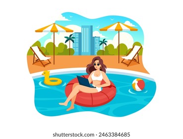 Freelance Workers Relaxing by the Swimming Pool Vector Illustration with Drinking Cocktails and Using Laptops in a Flat Cartoon Style Background