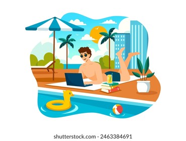 Freelance Workers Relaxing by the Swimming Pool Vector Illustration with Drinking Cocktails and Using Laptops in a Flat Cartoon Style Background