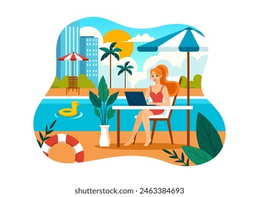 Freelance Workers Relaxing by the Swimming Pool Vector Illustration with Drinking Cocktails and Using Laptops in a Flat Cartoon Style Background