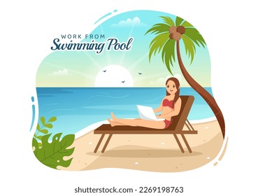 Freelance Workers From Swimming Pool Illustration with Relaxing, Drink Cocktails and Using Laptop in Cartoon Hand Drawn for Landing Page Templates