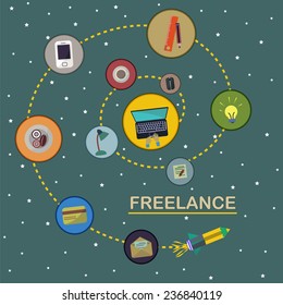 Freelance workflow concept. Set of flat icons. Vector illustration