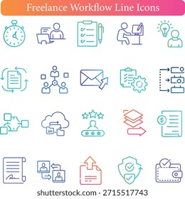 Conjunto de iconos de línea de flujo de trabajo independiente con diseño de degradado con administración de tiempo, trabajo remoto, planificación de proyectos y herramientas financieras