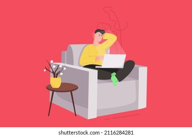Freelance working at comfortable office modern flat concept. Happy man works online and doing tasks using laptop while sitting on armchair. Vector illustration with people scene for web banner design