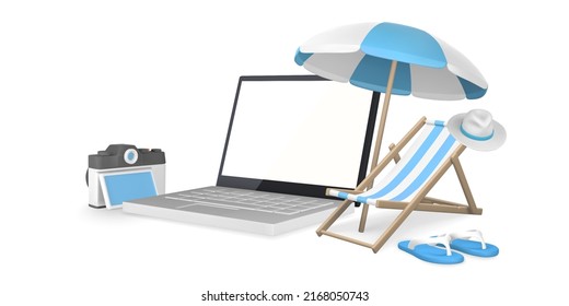 Concepto de trabajo independiente. 3d portátil de presentación realista, paraguas, silla de playa, cámara, sombrero y zapatillas. Ilustración vectorial.