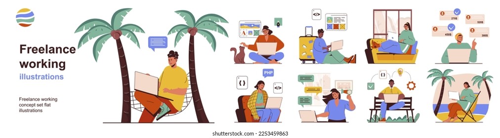 Freelance working concept with character situations collection. Bundle of scenes people working at laptop at home office, at beach vacation, in park remotly. Vector illustrations in flat web design