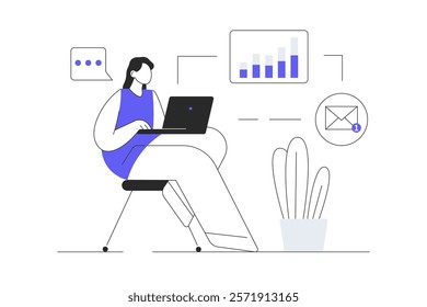 Freelance working concept design. Character doing tasks remotely and works on laptop using wifi at home office. Flat Cartoon Vector Illustration, icon. Stylish abstract Modern