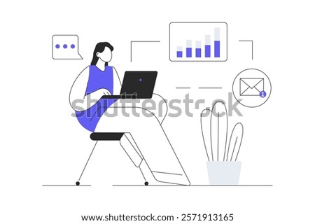 Freelance working concept design. Character doing tasks remotely and works on laptop using wifi at home office. Flat Cartoon Vector Illustration, icon. Stylish abstract Modern