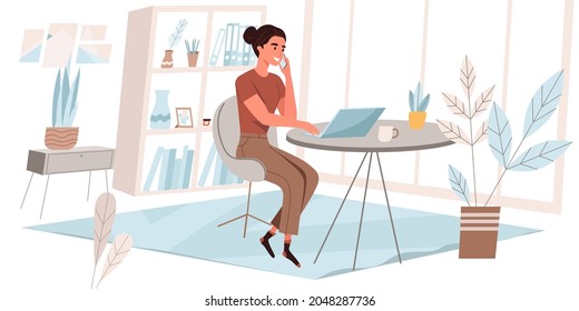 Freelance working concept in flat design. Woman working on laptop, making call, sitting at desks in cozy room, doing remote work, performing tasks online. Freelancers people scene. Vector illustration