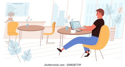 Freelance working concept in flat design. Man working on laptop while sitting at table in cafe, drink coffee, doing remote work, performing tasks online. Freelancers people scene. Vector illustration