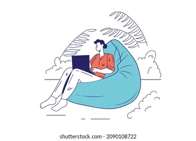 Freelance working concept in flat line design for web banner. Woman works at laptop while sitting at armchair at tropical island, modern people scene. Vector illustration in outline graphic style