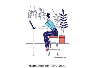 Freelance working concept in flat line design for web banner. Woman works at laptop while sitting at cafe, remote worker online, modern people scene. Vector illustration in outline graphic style
