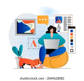 Freelance working concept in modern flat design. Woman designer is working on creative project on laptop from home studio. Illustrator draws graphic elements and performs tasks. Vector illustration