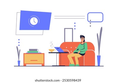 Freelance working concept in modern flat cartoon design for web. Man doing tasks at laptop online while sitting at sofa in home office. Professional freelancer works distantly. Vector illustration.