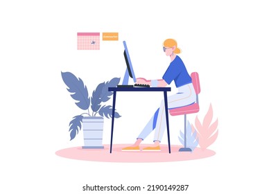 Freelance working concept with people scene in flat cartoon design. Woman works on the creation of her new project at home at the computer. Vector illustration.