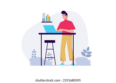 Freelance working concept with people scene in the flat cartoon design. Man works at home on a laptop and earns money with it. Vector illustration.