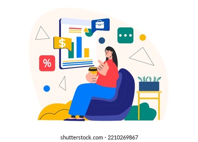 Concepto de trabajo independiente con la escena de la gente en el diseño de caricaturas planas. Chica realiza tareas en el smartphone y gana dinero para ganarse la vida. Ilustración vectorial.
