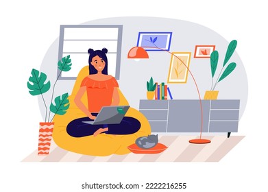 Freelance working concept with people scene in the flat cartoon style. Girl works in a home atmosphere, performing various tasks on a laptop. Vector illustration.