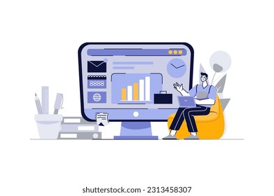 Freelance working concept with people scene in the flat cartoon design. The man accepts online orders because he works as a freelancer. Vector illustration.