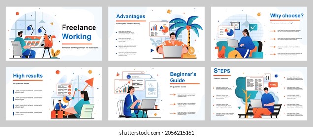 Freelance working concept for presentation slide template. Designers, analysts, programmers work remotely from home offices, seaside resort, coffee shop or park. Vector illustration for layout design