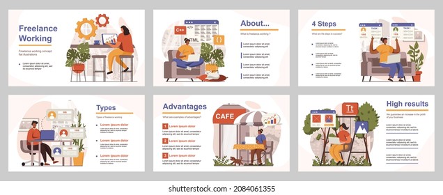 Freelance working concept for presentation slide template. People work online in home offices and other locations, remote workers doing tasks. Vector illustration with flat persons for layout design