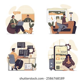 Freelance working concept scenes set in flat web design. People in situations of working remotely from home offices, doing online tasks and programing, connect at video meeting. Vector illustrations.