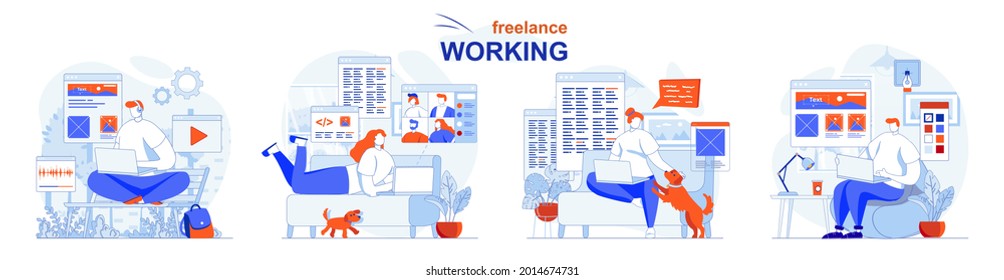 Freelance working concept set. Remote employees complete tasks, do project work. People isolated scenes in flat design. Vector illustration for blogging, website, mobile app, promotional materials.